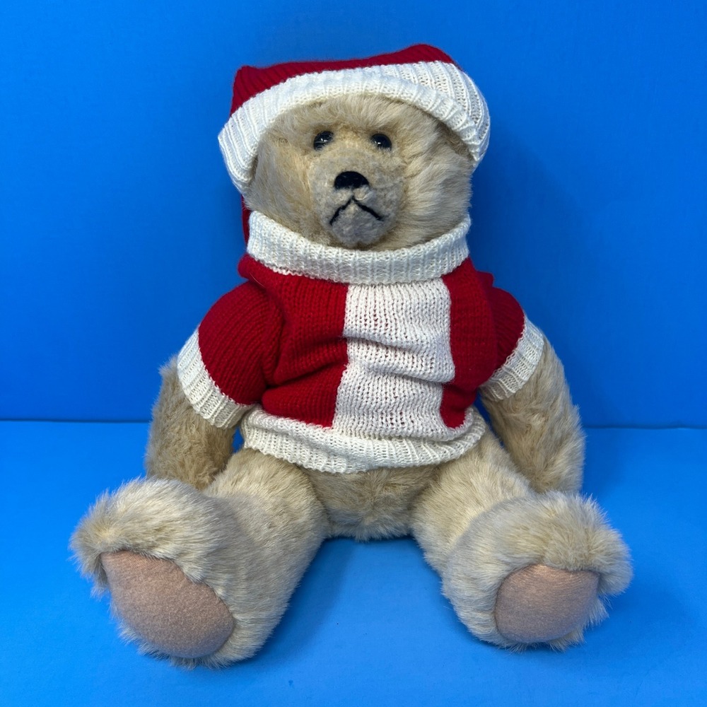 Oriental‎ Trading Co Teddy Bear 12 Inch Tan Vintage 90s Jointed Christmas Hat